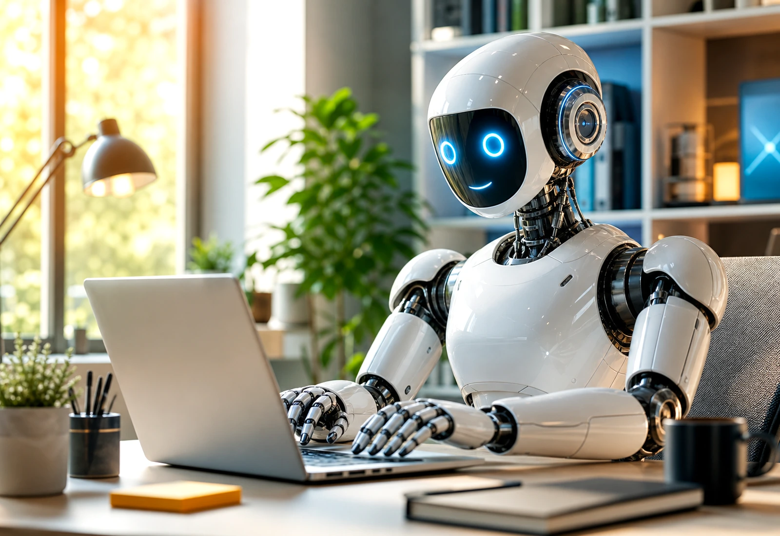Futuristic robot typing on a laptop in a bright tech workspace