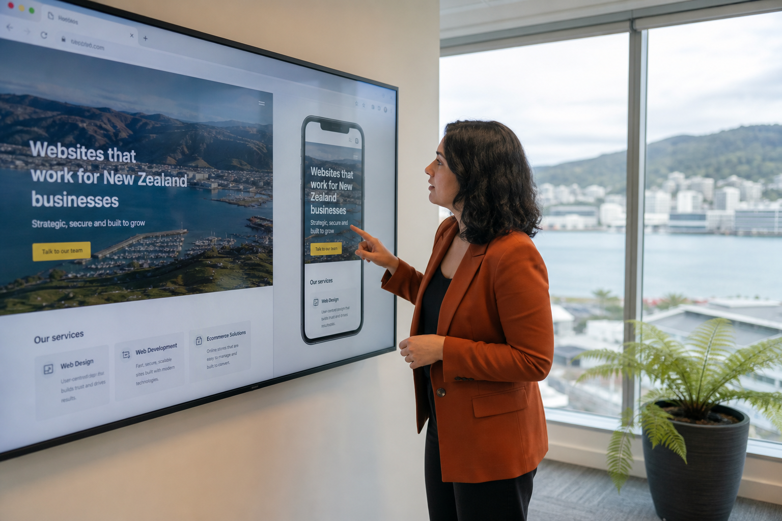 Designer reviewing a New Zealand business website layout on a large display