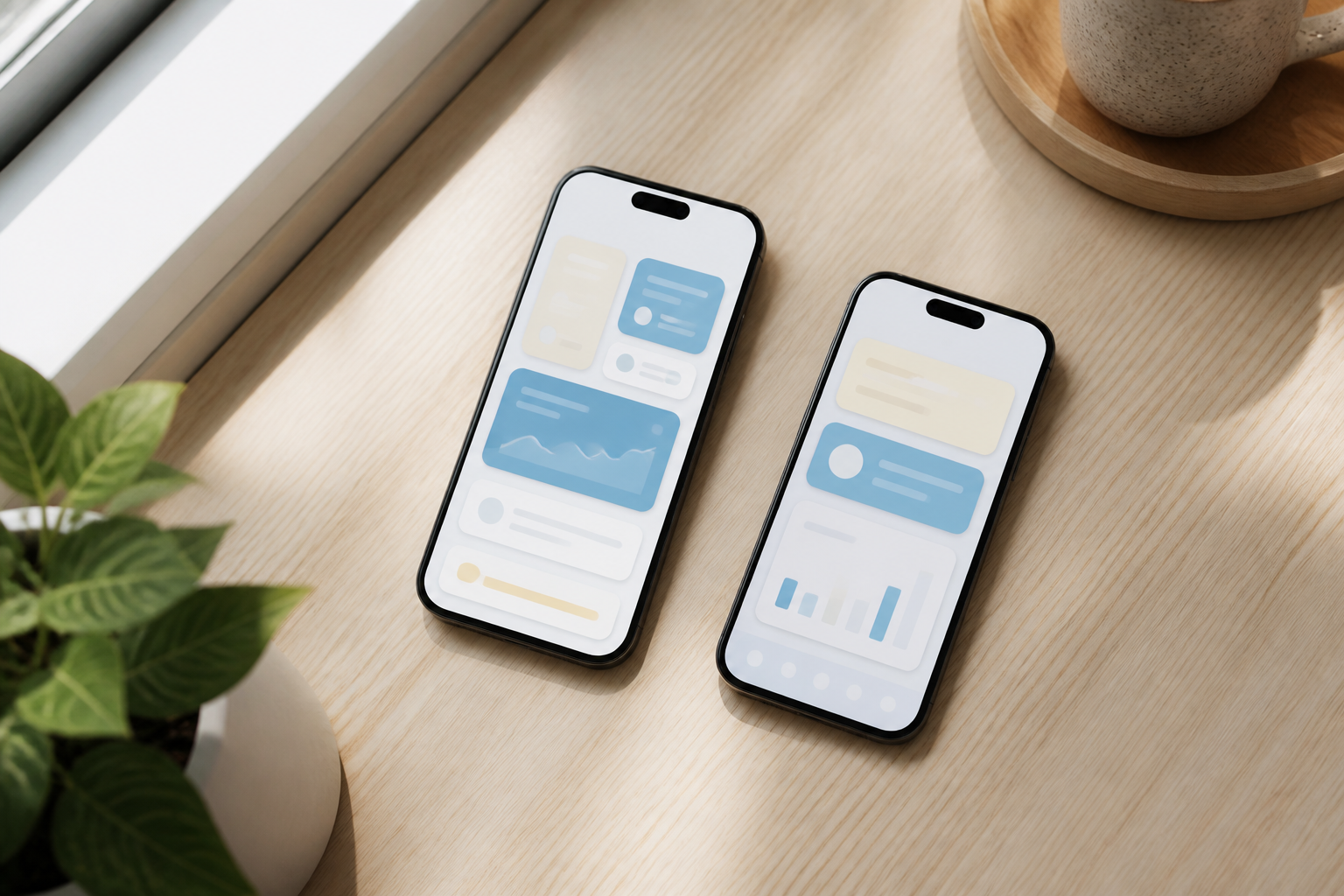 Mobile app development with smartphones showing abstract app interface layouts