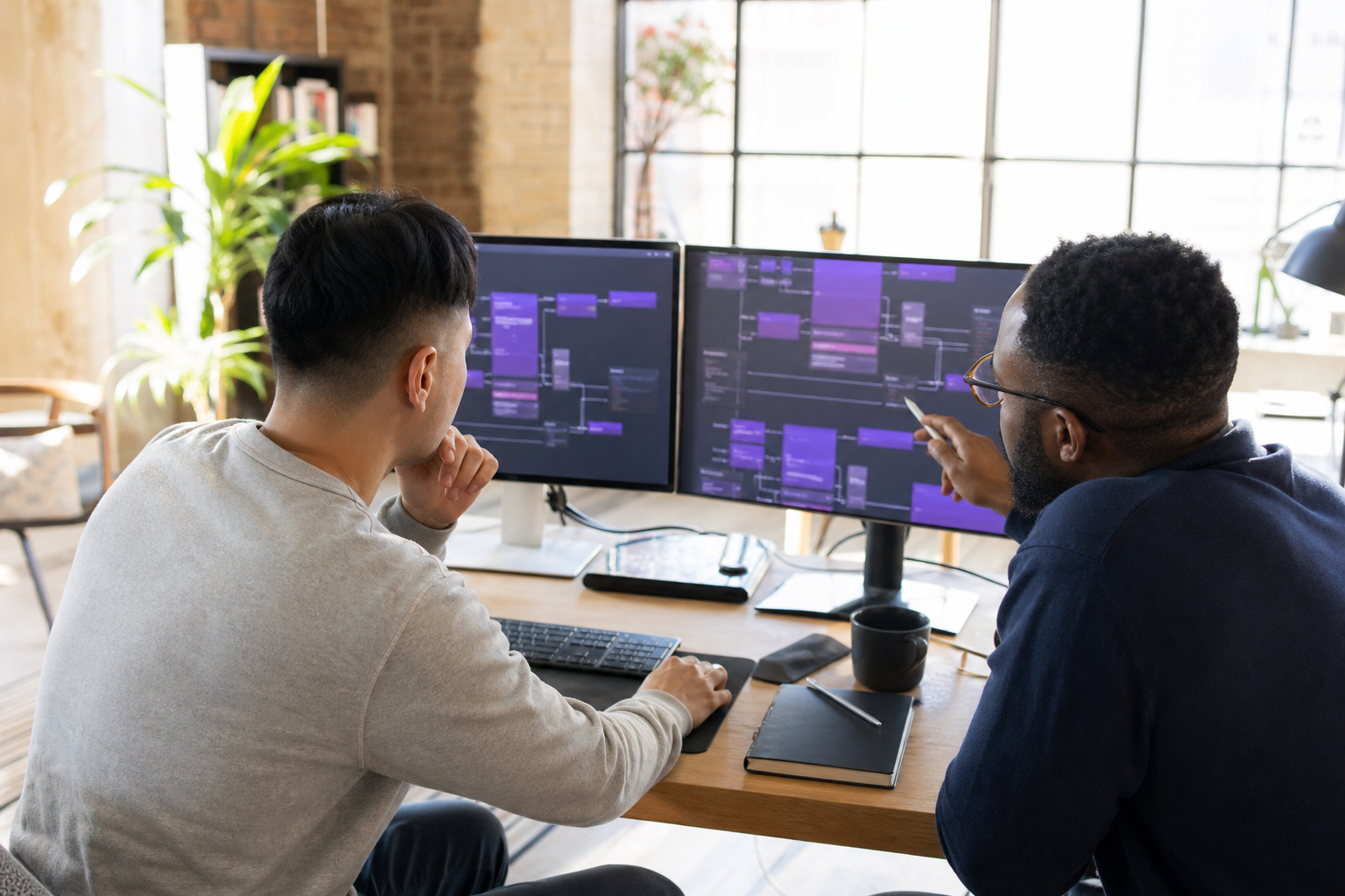 Engineers planning an AI solution on laptops in a bright workspace