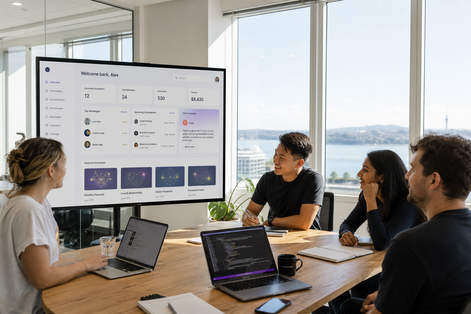 Bright Auckland studio team reviewing an astrology consultation platform