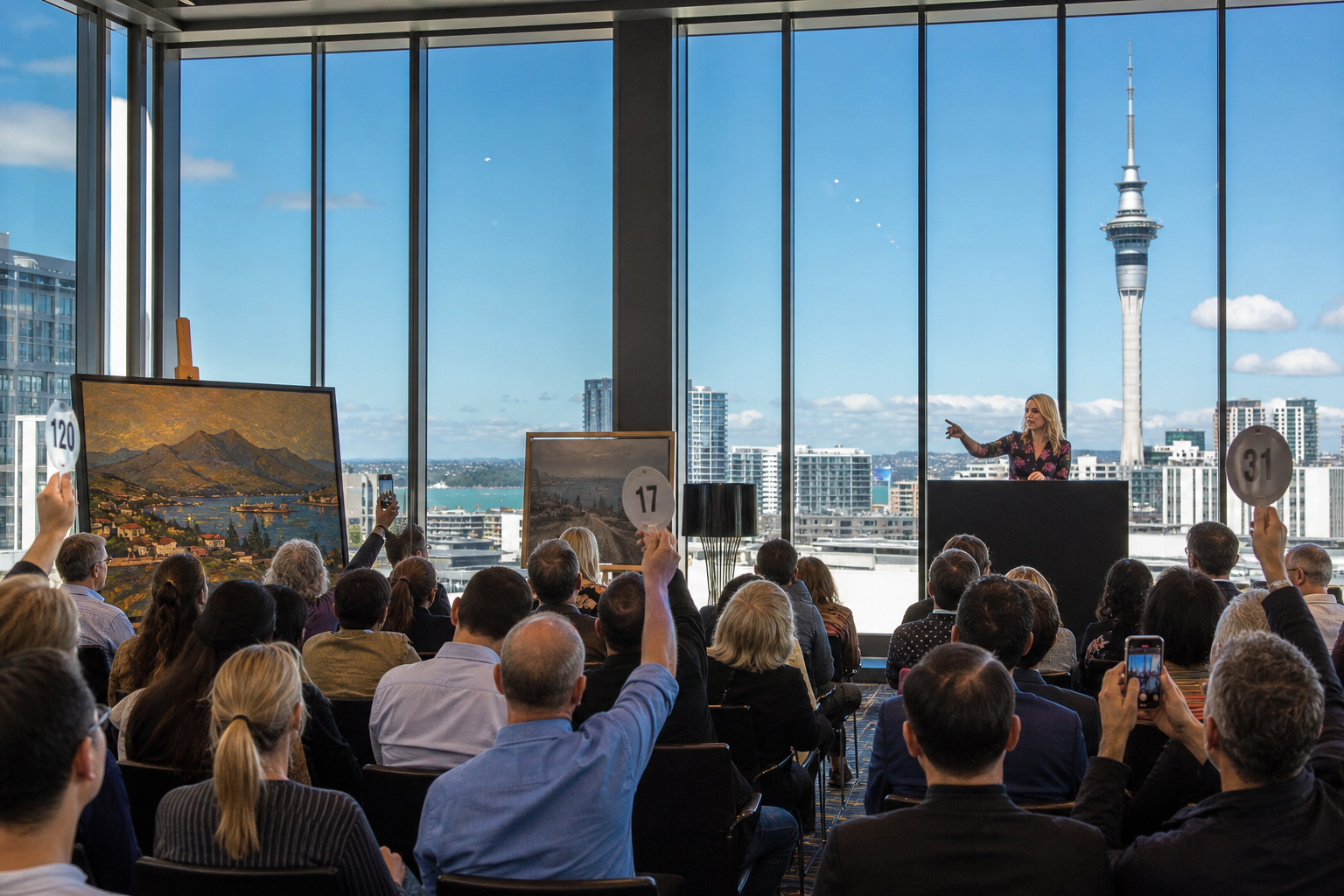 Bright Auckland auction house floor with bidders using phones and the Sky Tower visible through tall windows