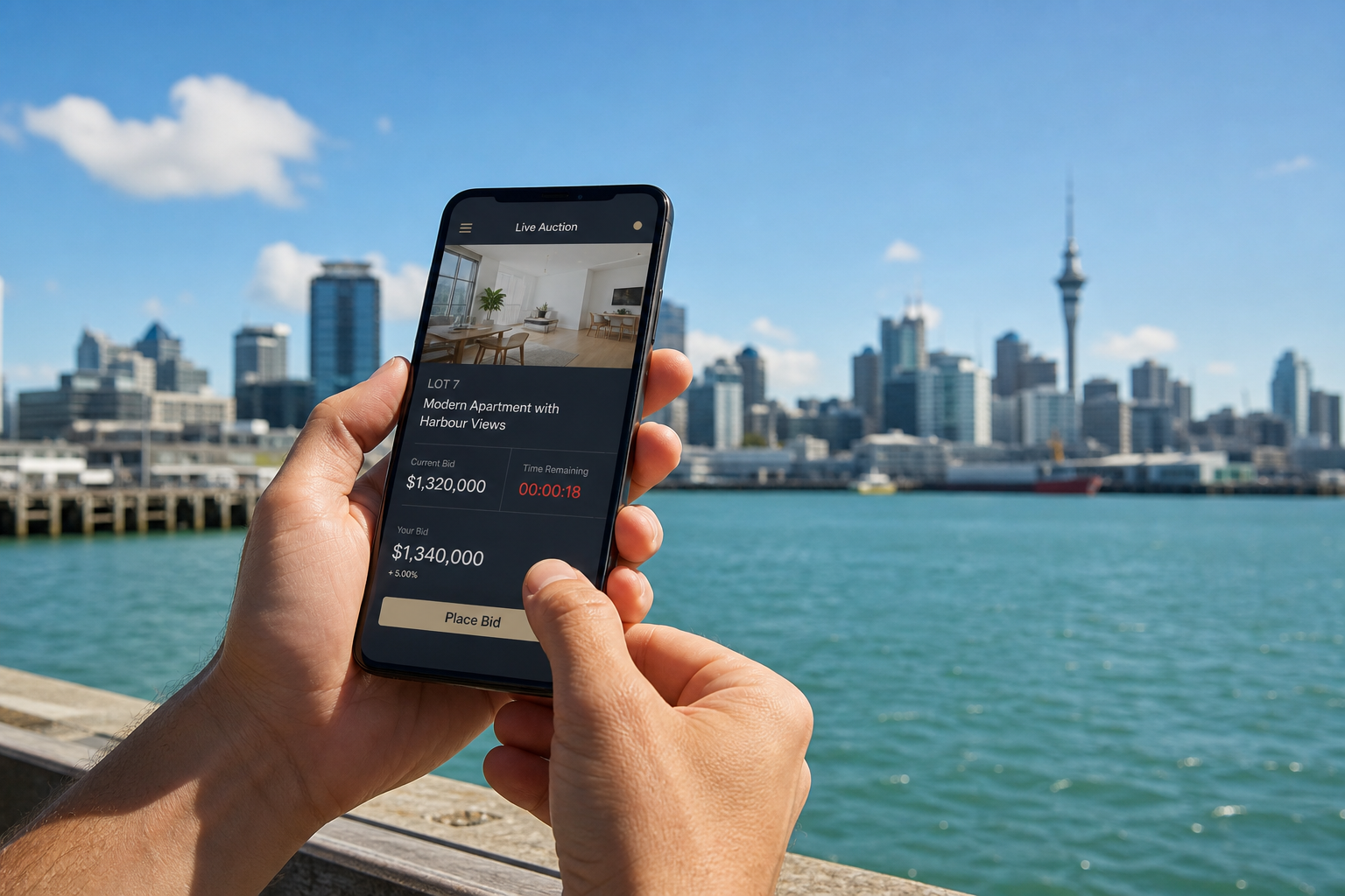 Sunny Auckland waterfront with a smartphone showing a live auction bidding screen