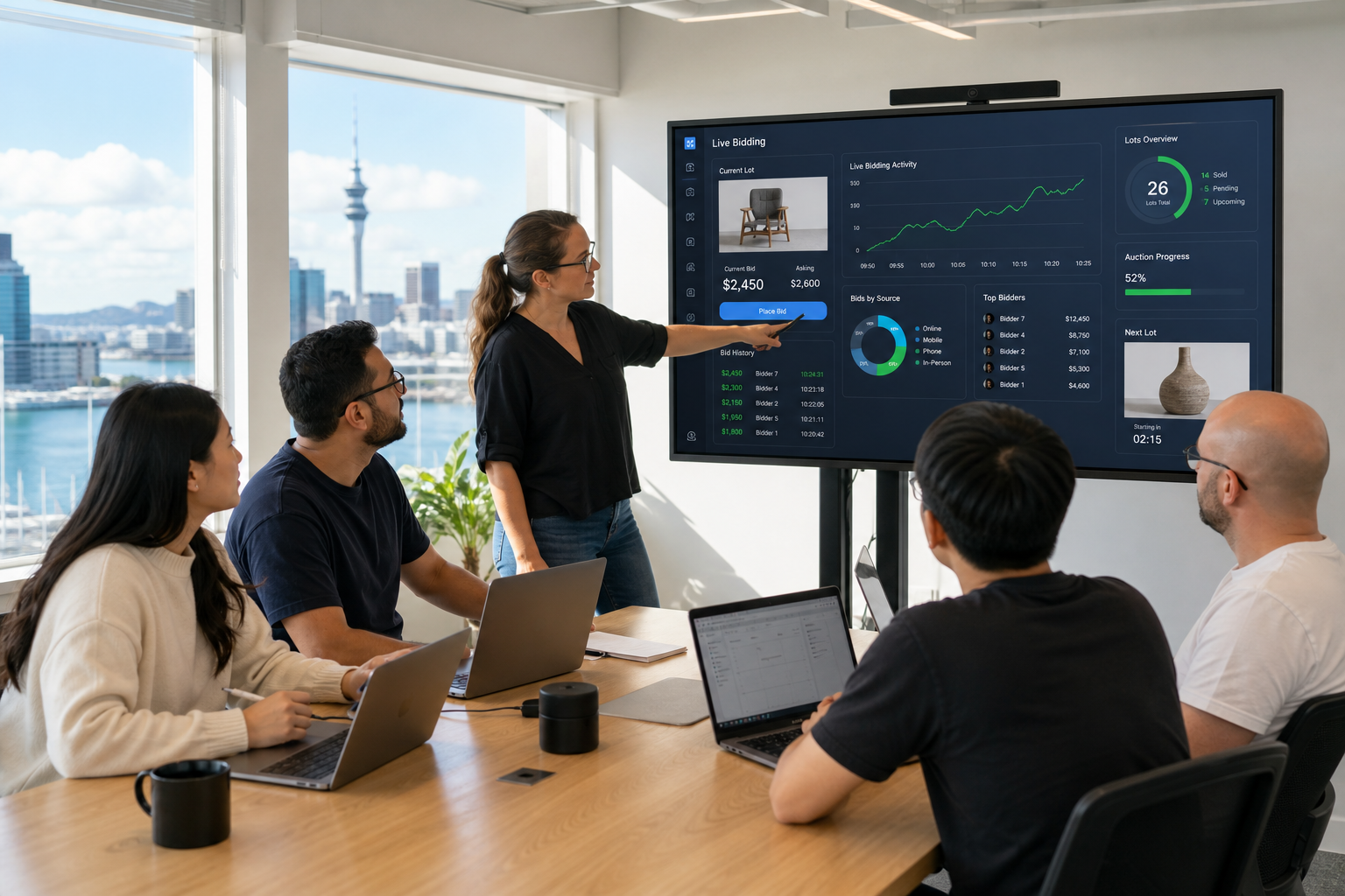 Bright Auckland product studio with a team reviewing a live bidding auction platform