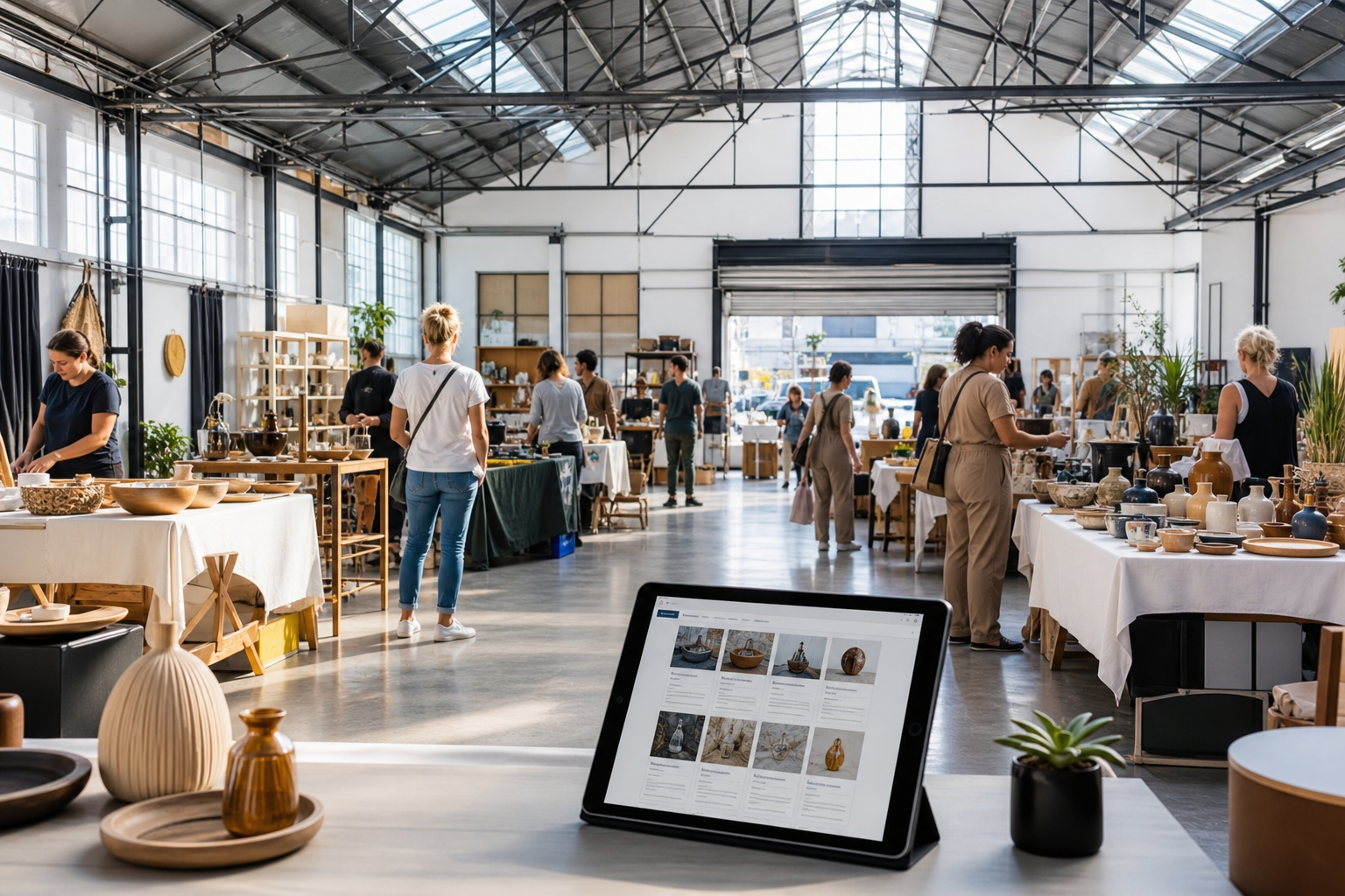Bright Auckland marketplace studio with sellers and buyers reviewing a multi vendor auction app