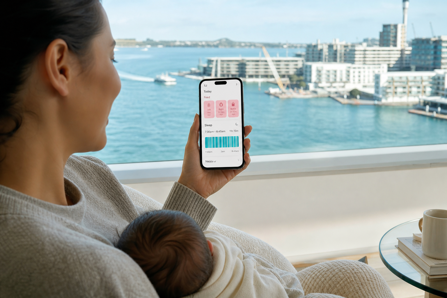 Sunny Auckland apartment with a smartphone showing an original baby tracking dashboard