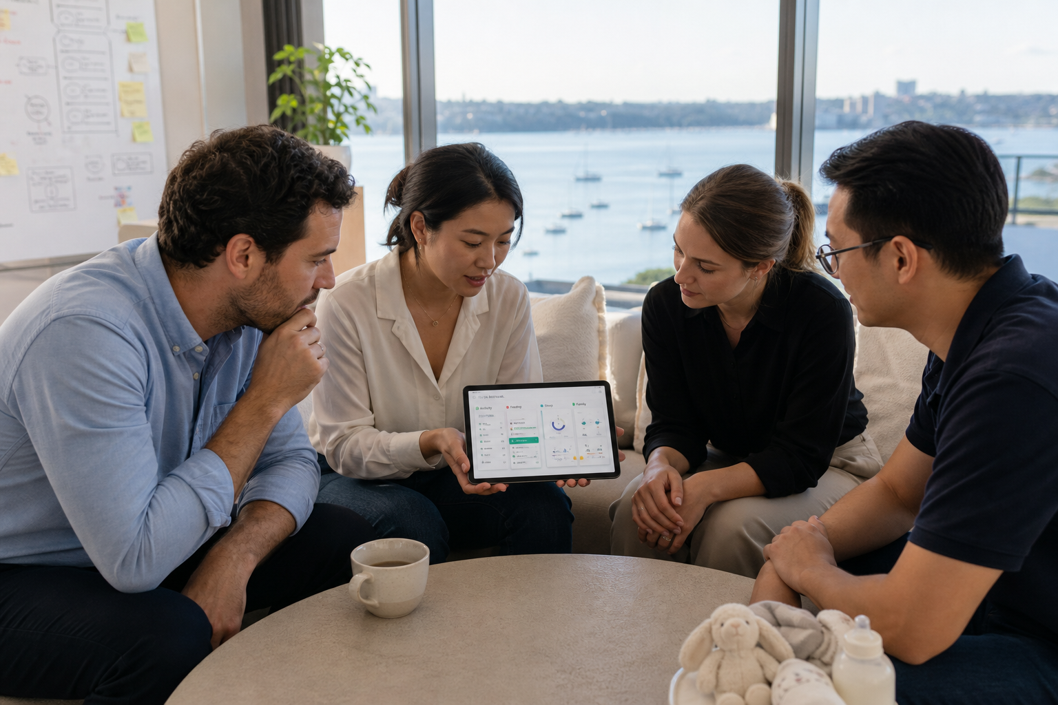 Bright Mission Bay team reviewing an original baby tracking platform with feeding and sleep tiles