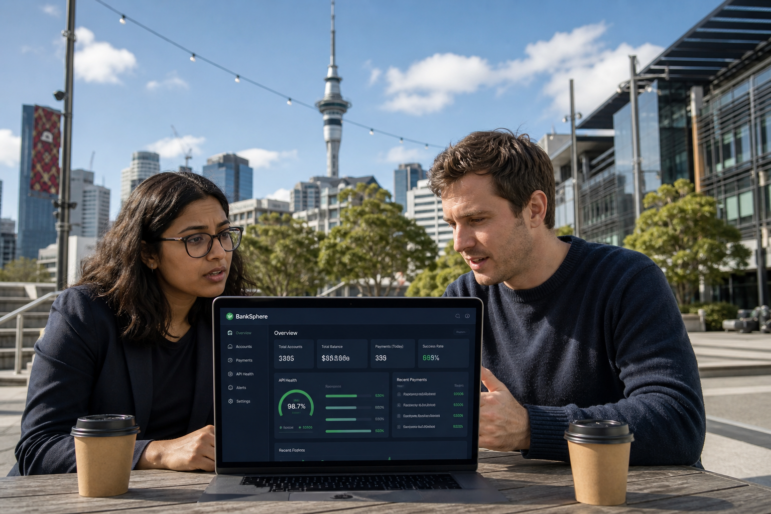 Bright Auckland plaza team reviewing an original banking dashboard with accounts and API health