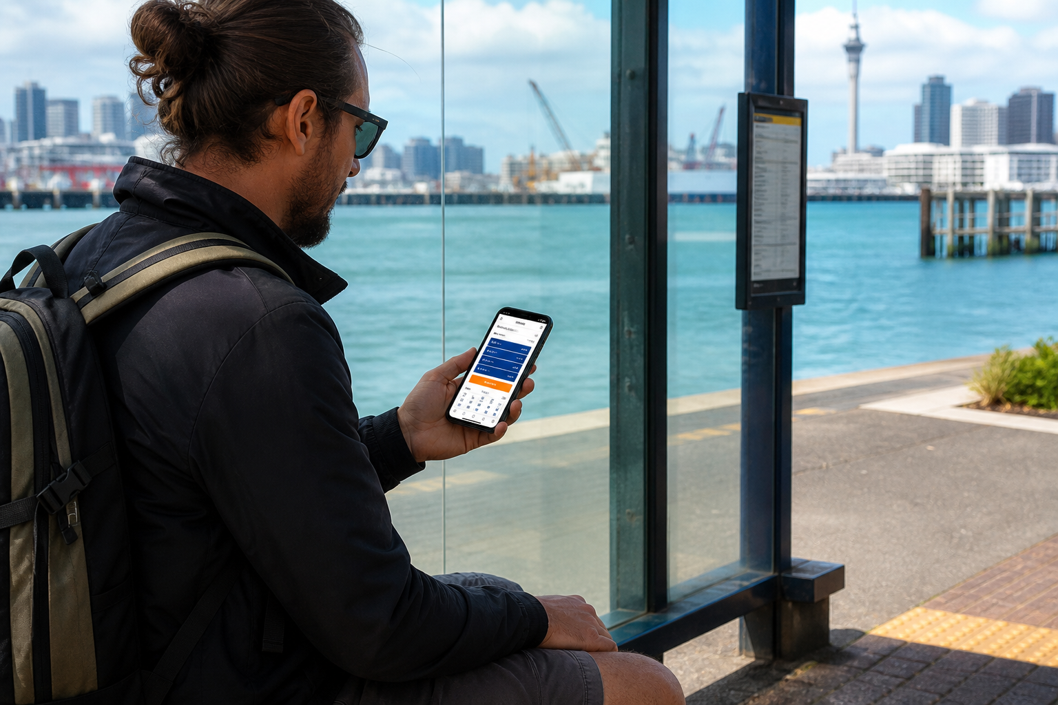 Sunny Auckland waterfront with a smartphone showing an original bus ticket and seat selection app