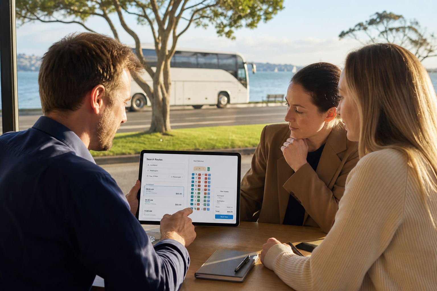 Bright Mission Bay team reviewing an original bus booking platform with routes and a seat map