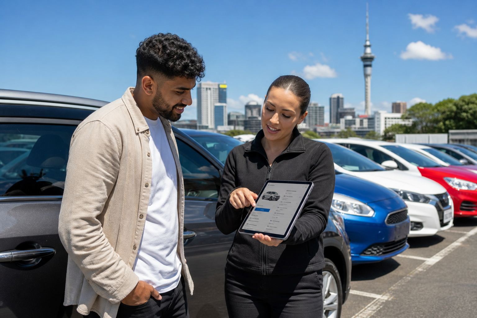 Bright Auckland car rental lot with customers reviewing vehicles on a tablet in daylight