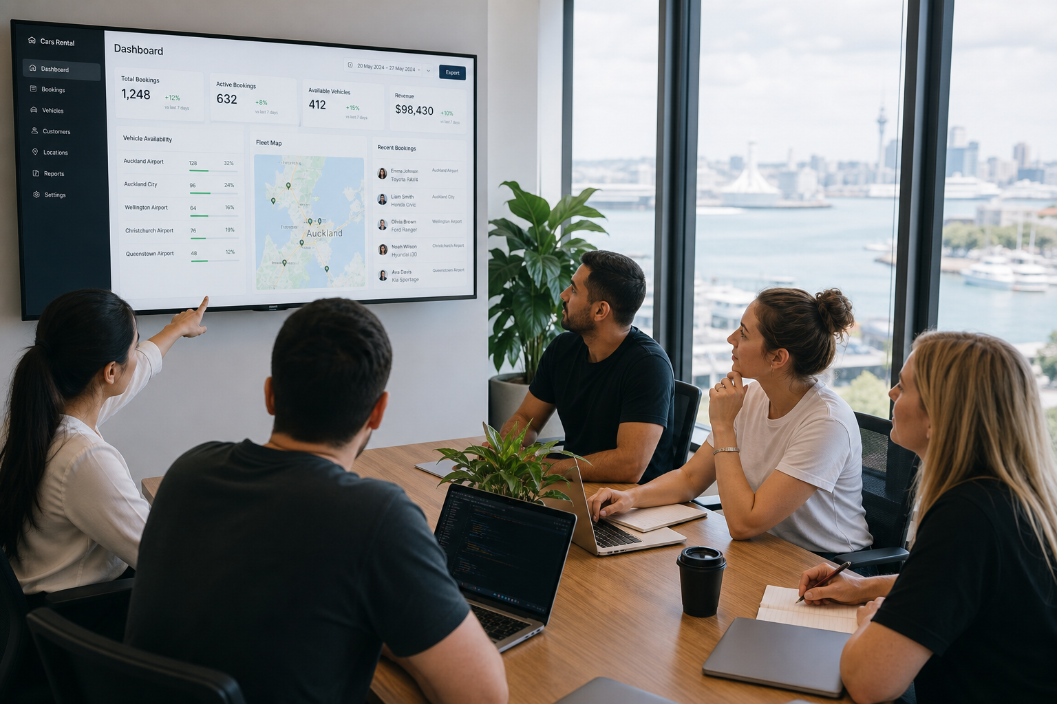 Bright Auckland studio team reviewing a car rental booking and fleet platform