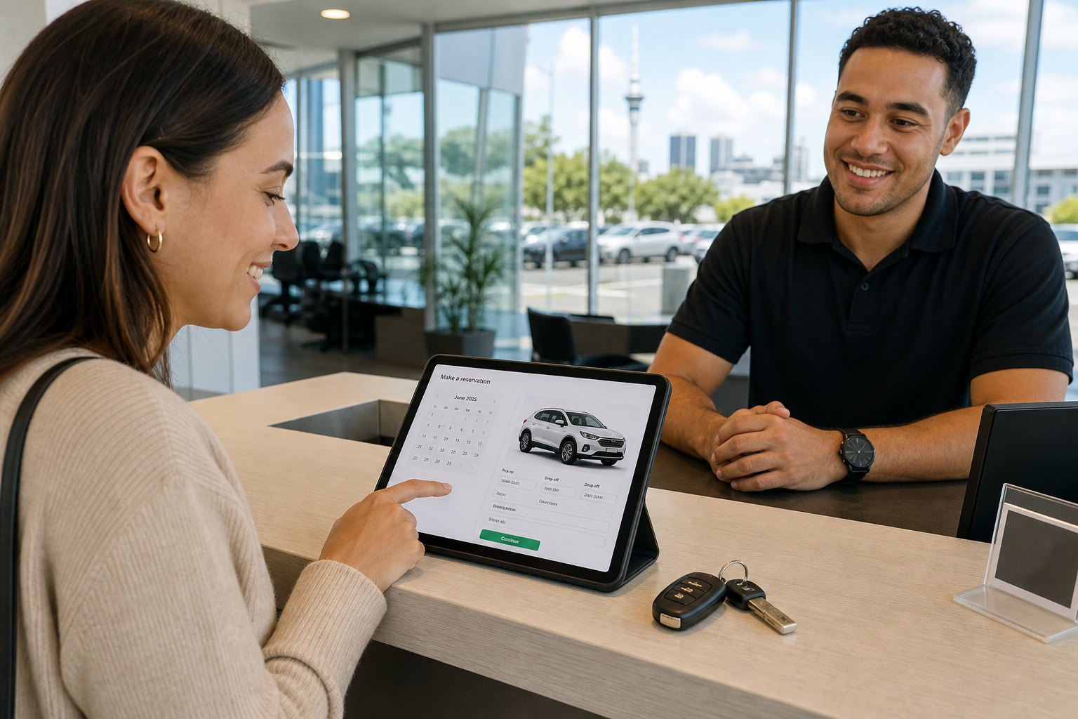 Bright Auckland rental counter with a customer booking a vehicle on a tablet