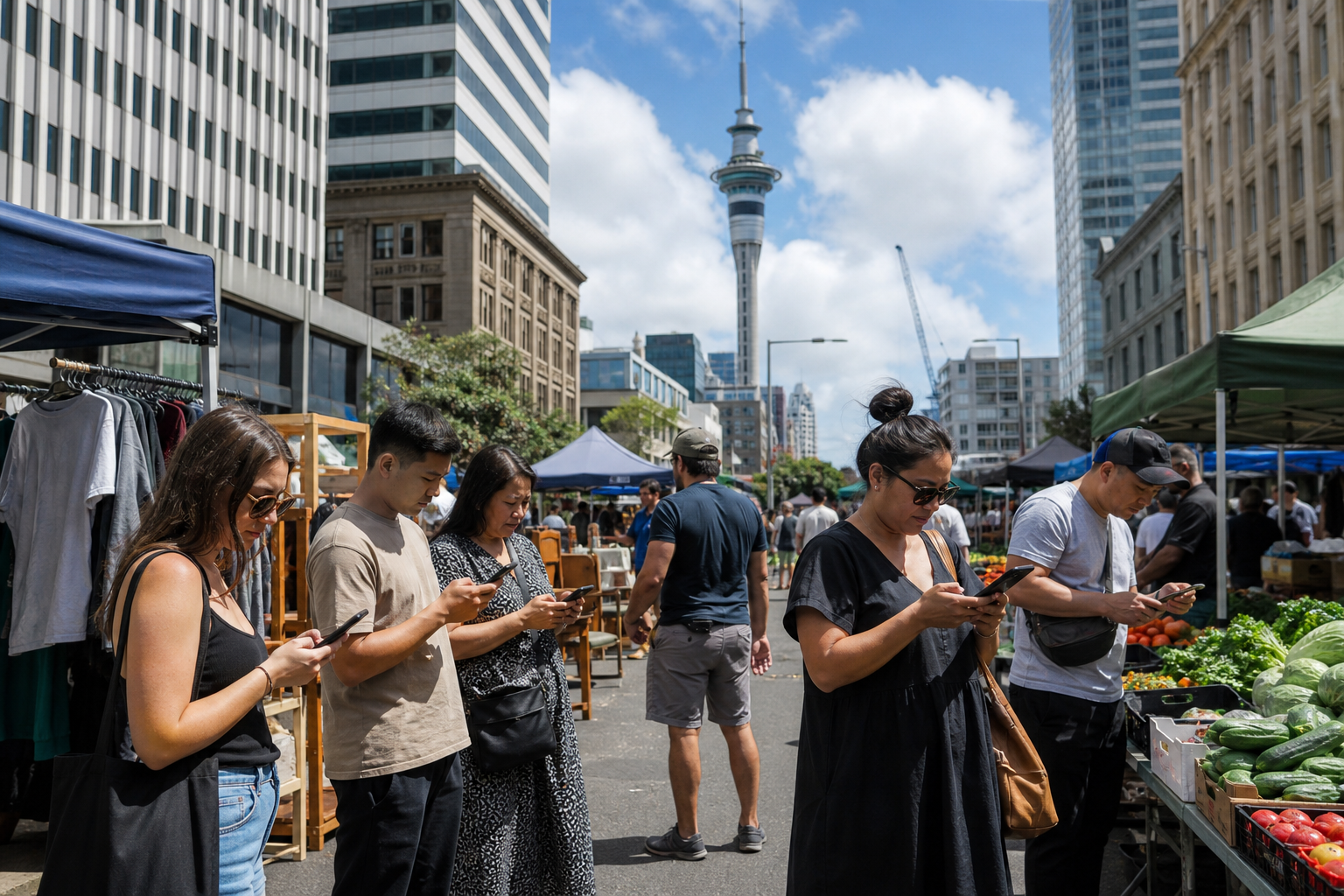 Bright Auckland street market with phones showing classified listings in natural daylight