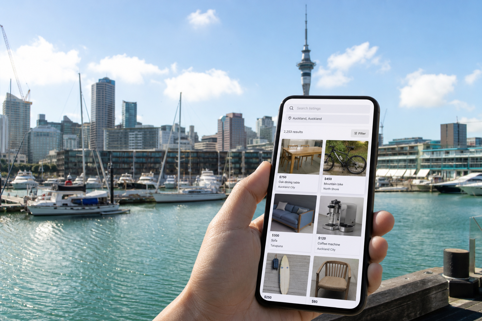 Sunny Auckland waterfront with a smartphone showing a classified listings search screen