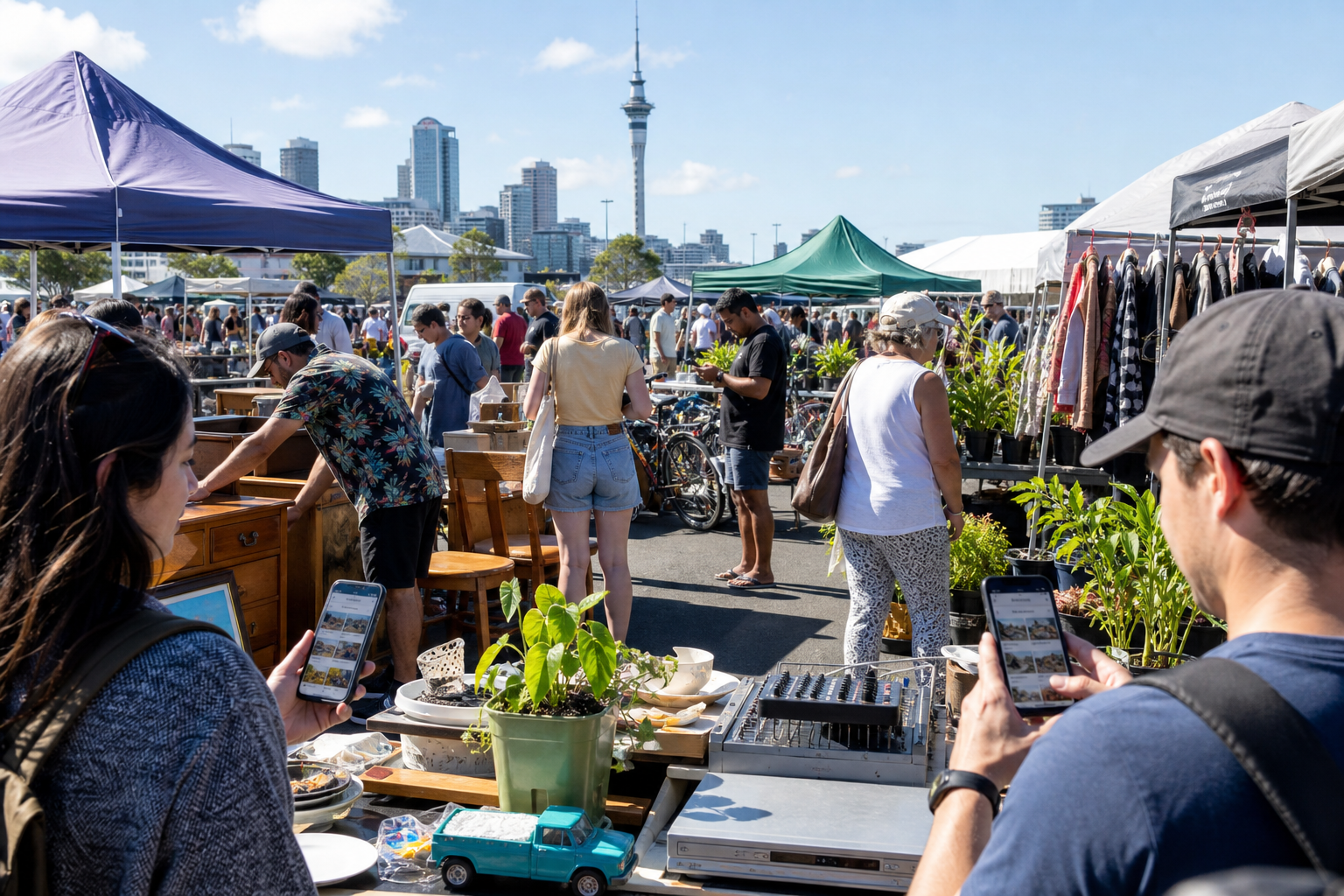 Bright Auckland marketplace with phones showing mixed classified category listings