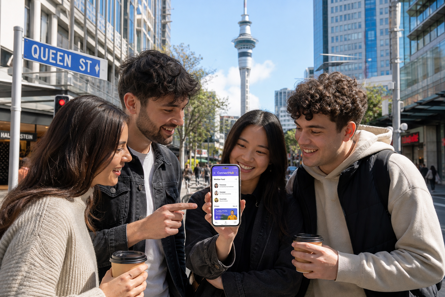 Bright Auckland street with members using an original community app to discover groups and events