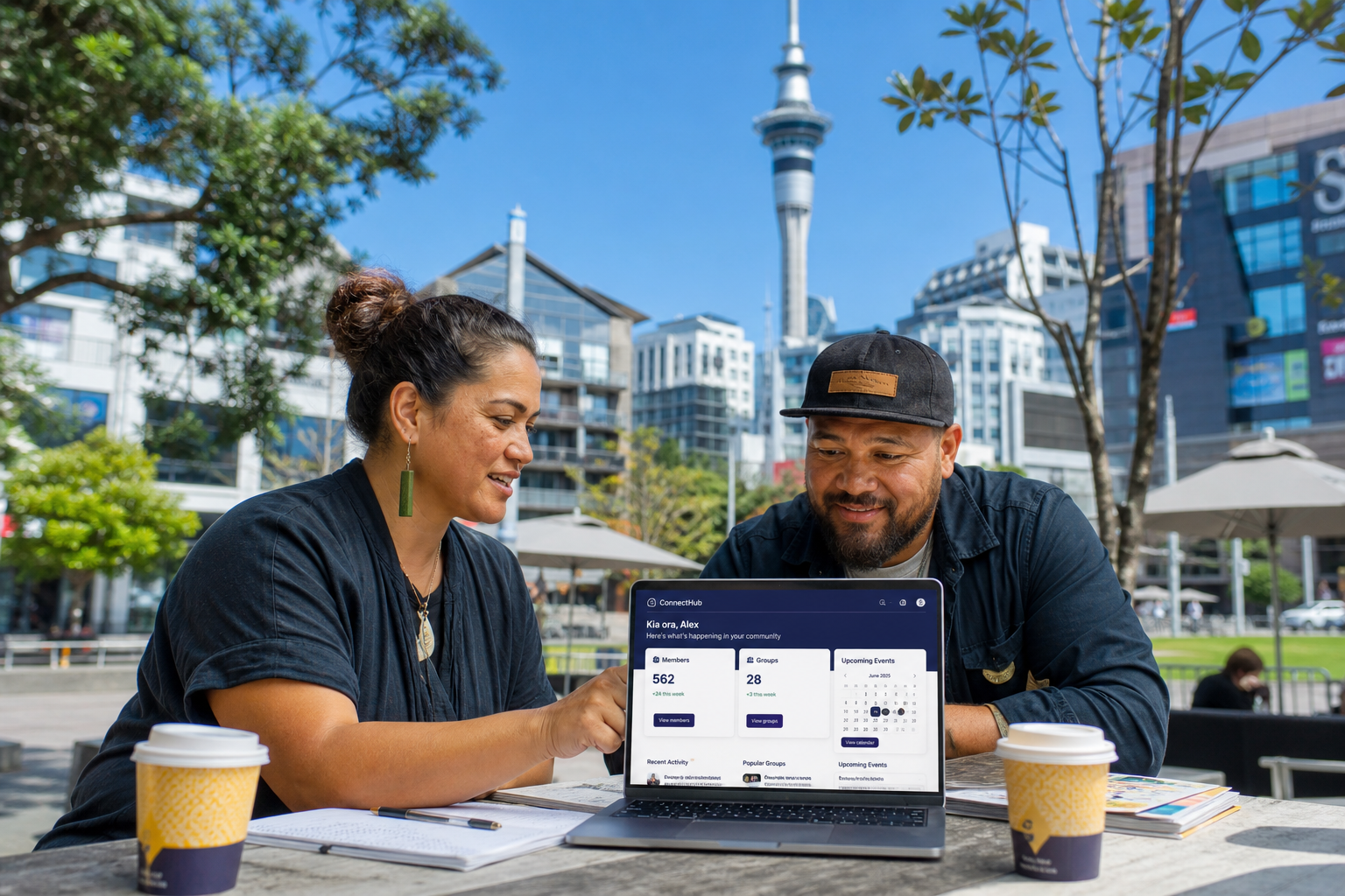 Bright Auckland plaza team reviewing an original community dashboard with members and events