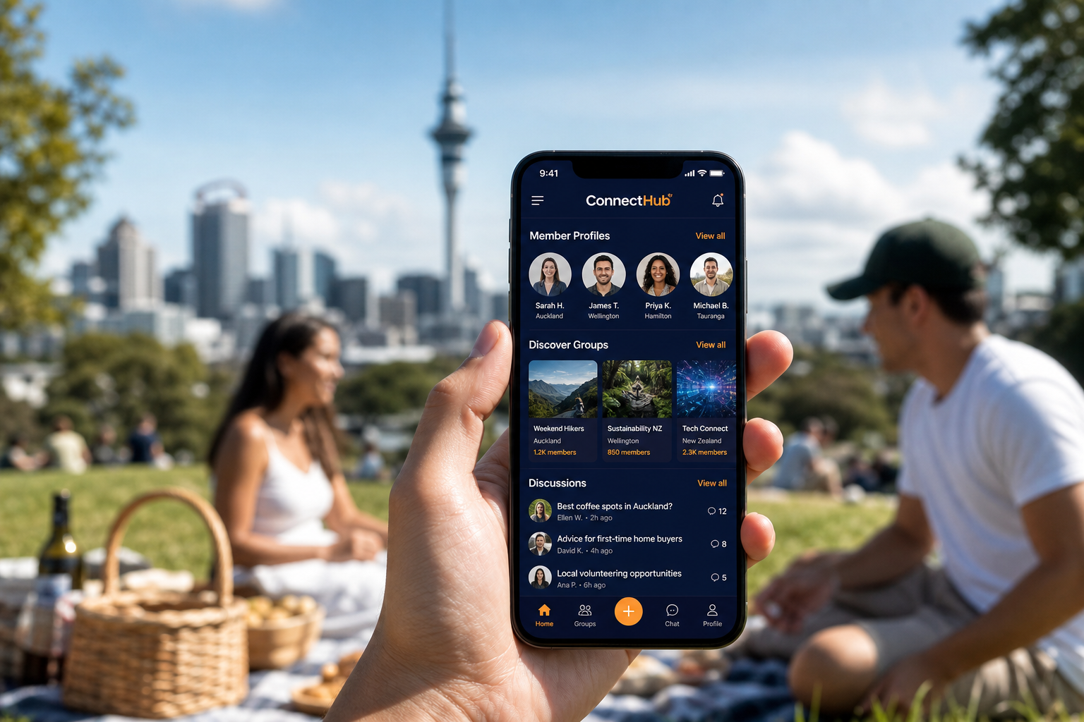 Bright Auckland park with a phone showing original member profiles, groups and a discussion feed