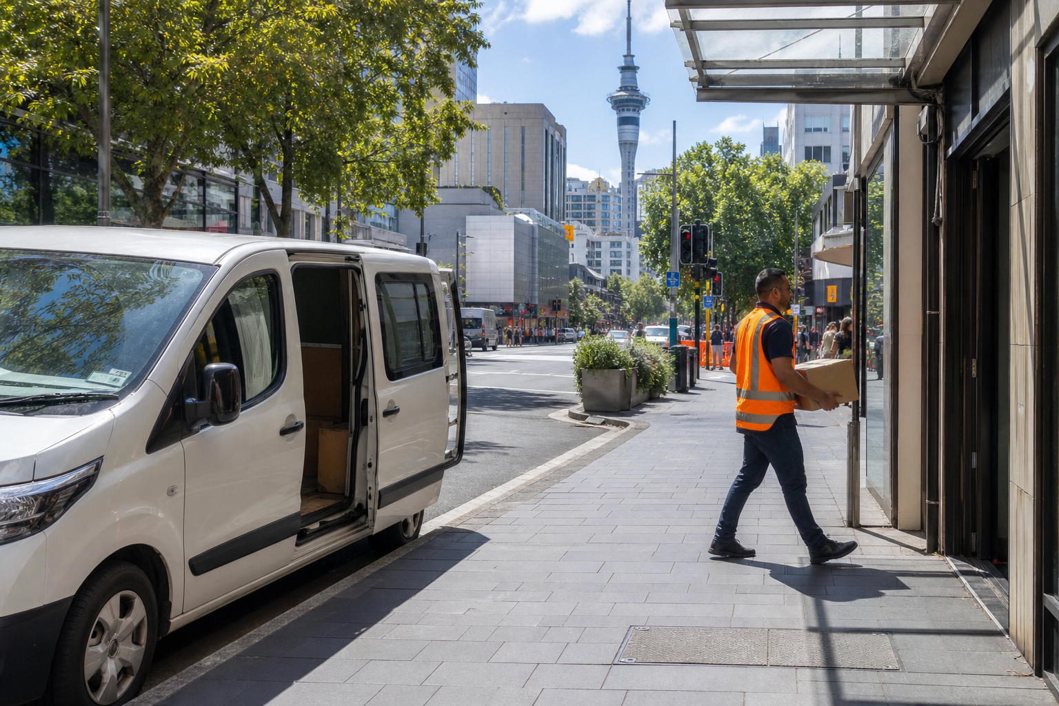 Bright Auckland street with a courier carrying a parcel beside a van in natural daylight