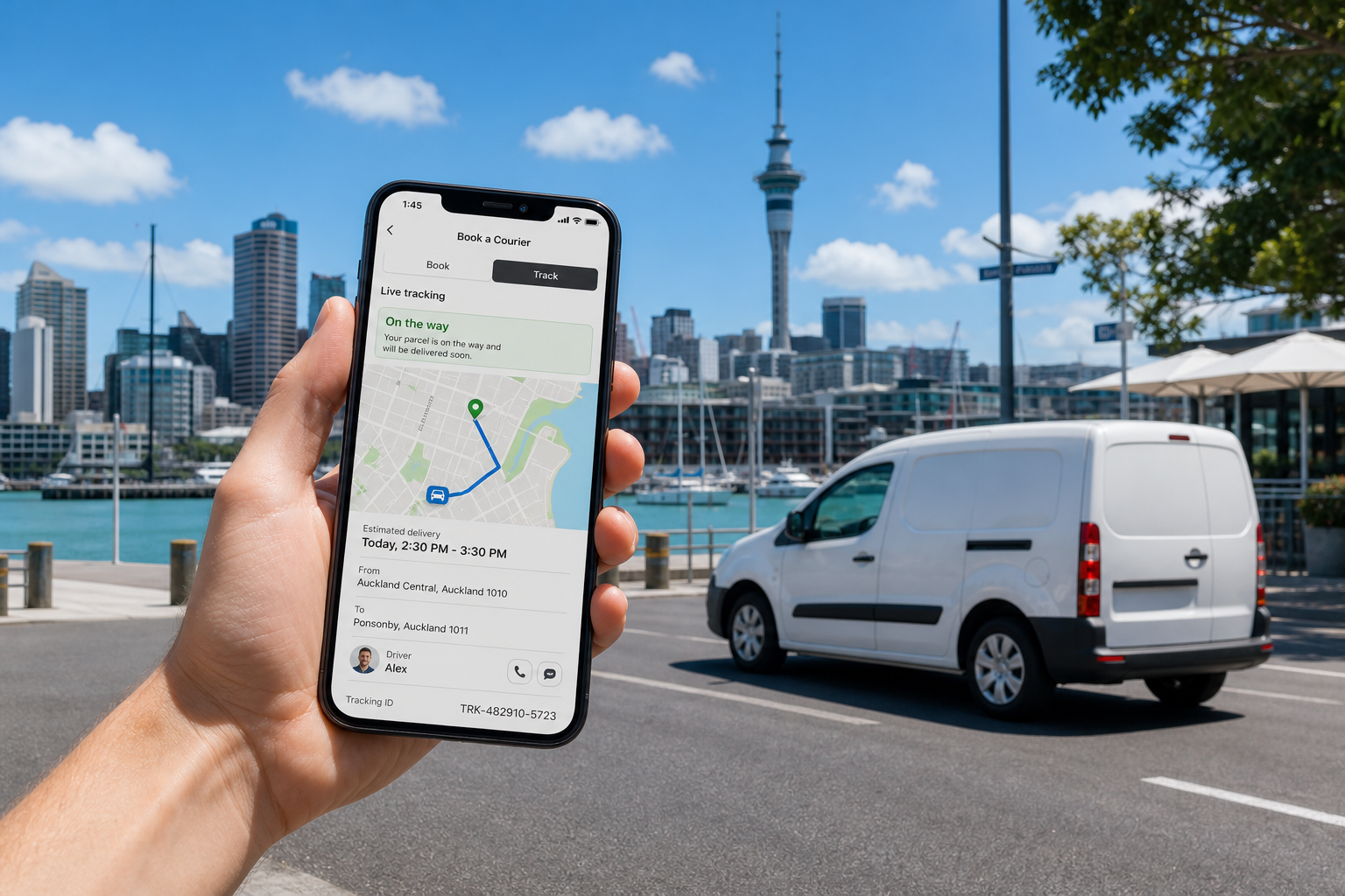 Sunny Auckland waterfront with a smartphone showing a courier tracking map