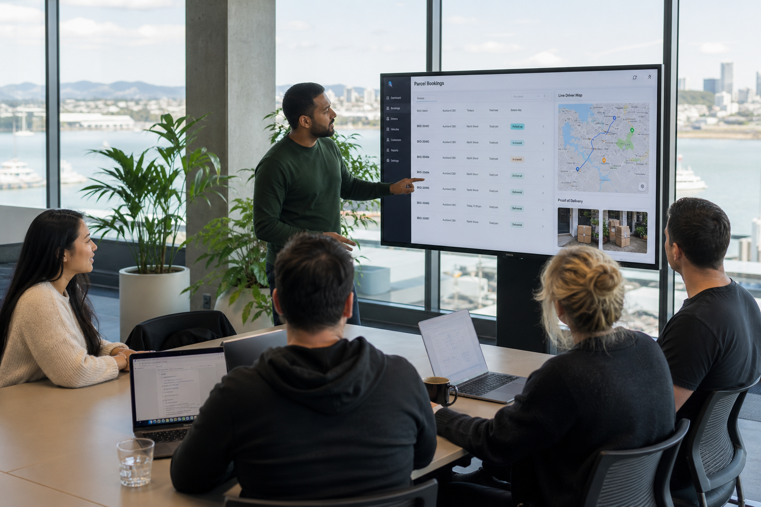Bright Auckland studio team reviewing a courier booking and tracking platform