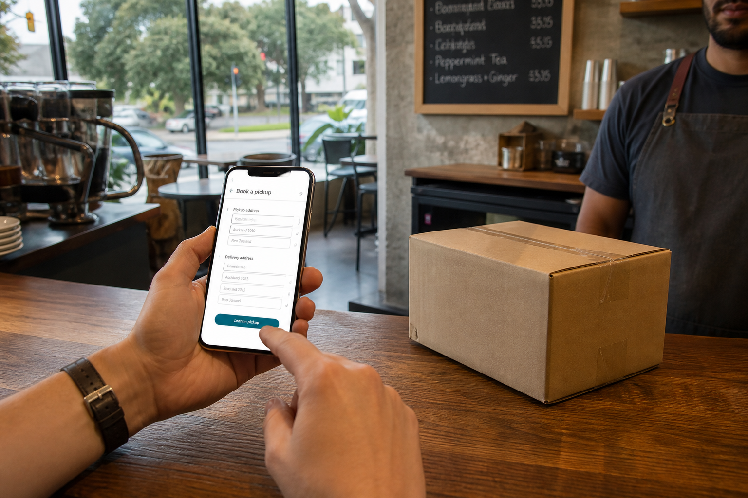 Bright Auckland cafe with a customer booking a courier pickup on a smartphone