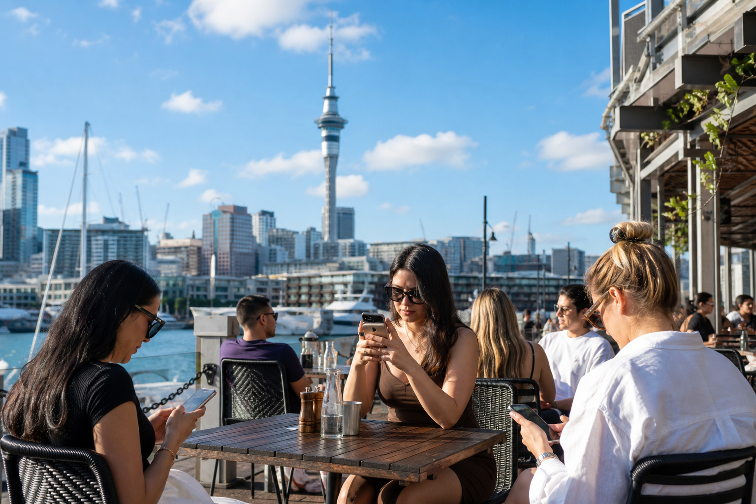 Bright Auckland waterfront cafe with people using dating apps on phones and the Sky Tower in the background