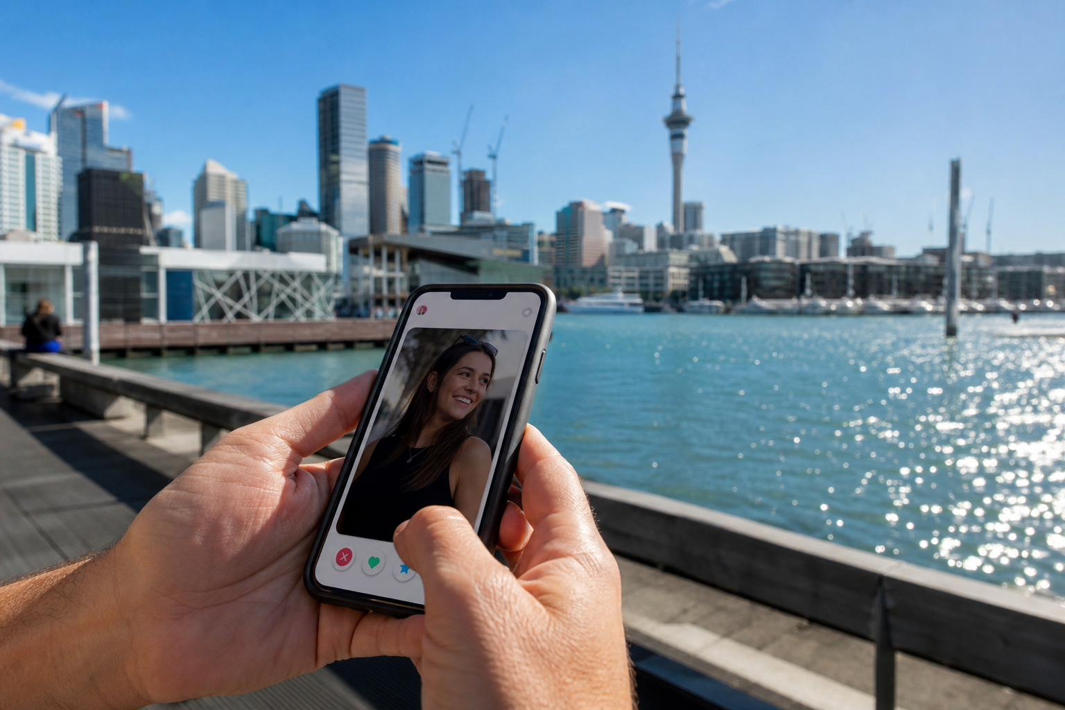 Sunny Auckland waterfront with a dating app concept on a phone in the foreground