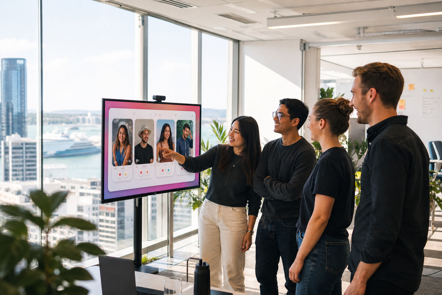 Bright Auckland product studio with a team reviewing a dating app on a large screen near the waterfront
