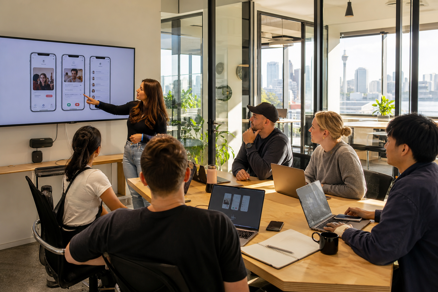 Bright Auckland studio with a product team reviewing a custom dating app on a large screen