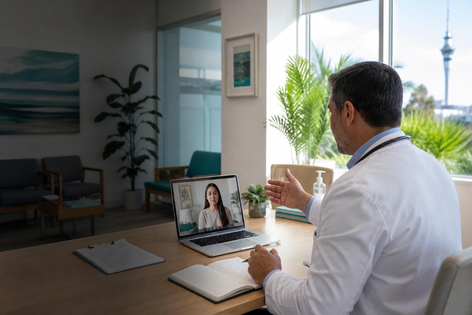 Bright Auckland clinic with a doctor on a video consultation in natural daylight