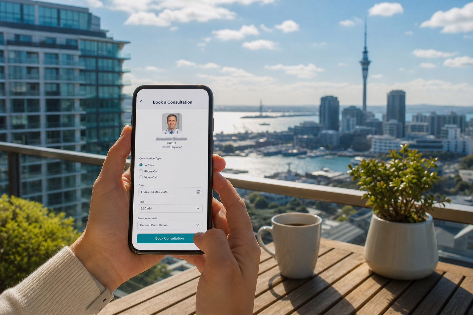 Sunny Auckland balcony with a smartphone showing a doctor booking screen