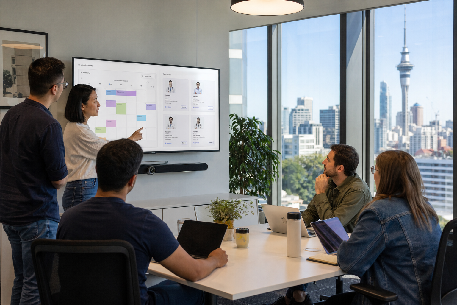 Bright Auckland studio team reviewing a telehealth booking platform