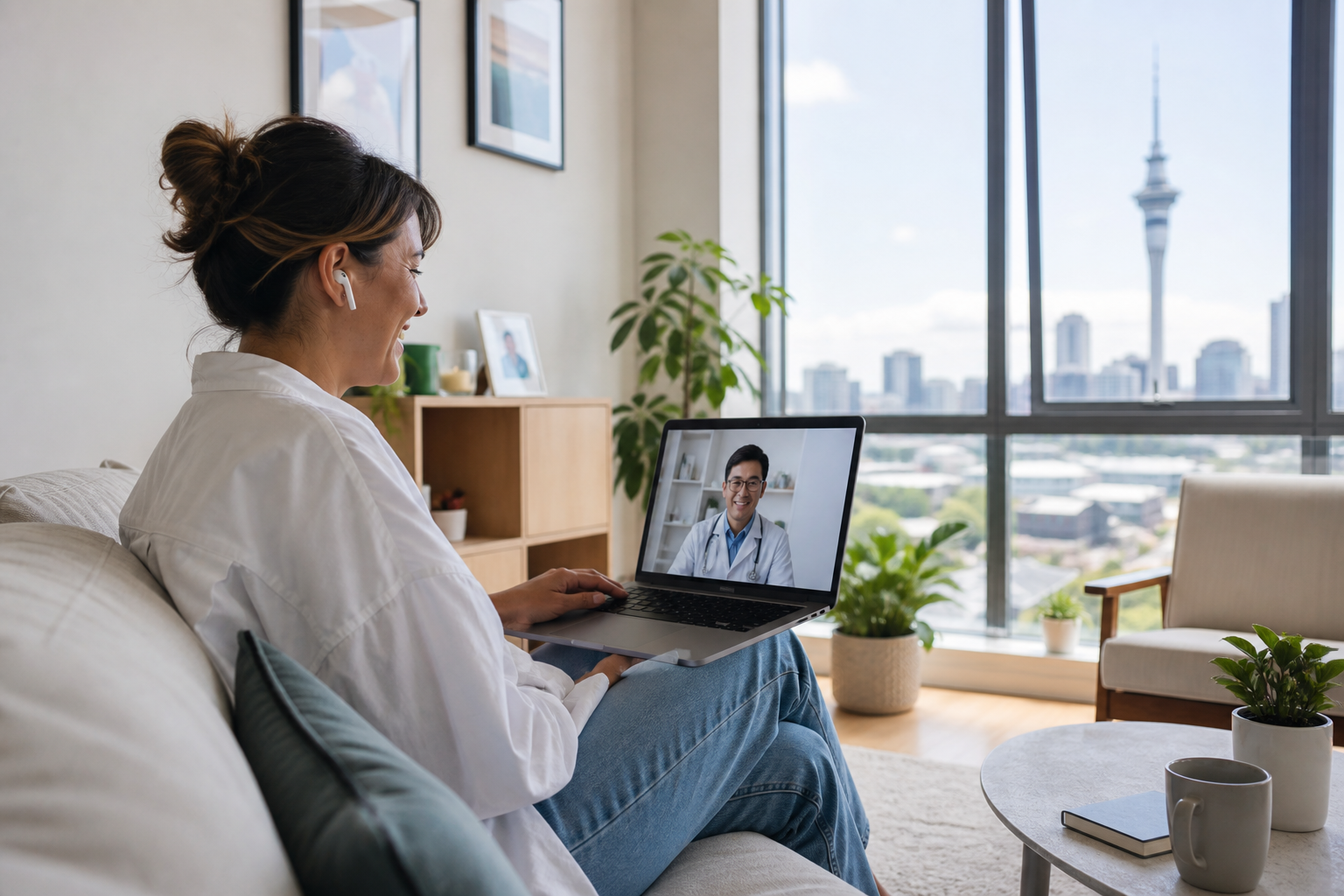 Bright Auckland home with a patient on a video consultation with a doctor