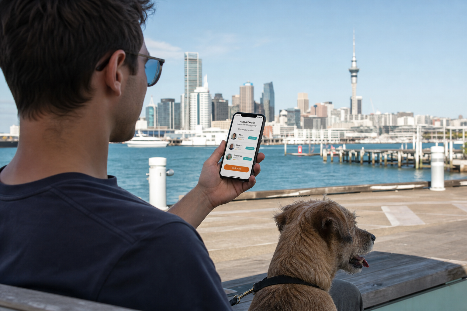 Sunny Auckland waterfront with a smartphone showing an original dog walking booking app