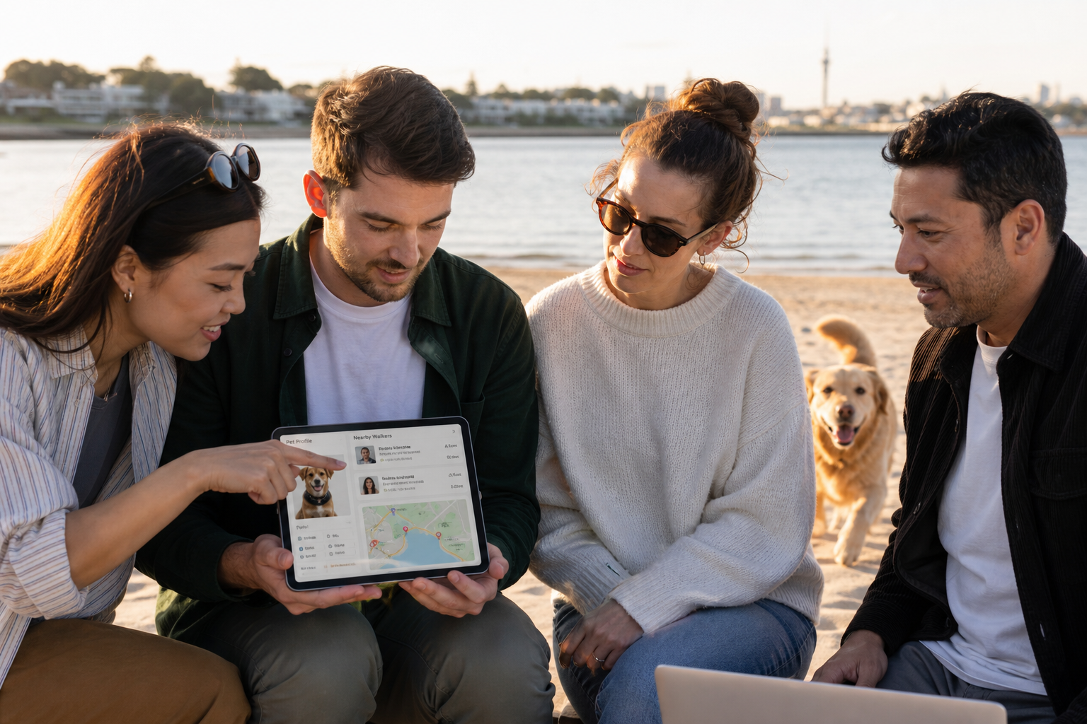 Bright Mission Bay team reviewing an original dog walking platform with pet profiles and walker cards