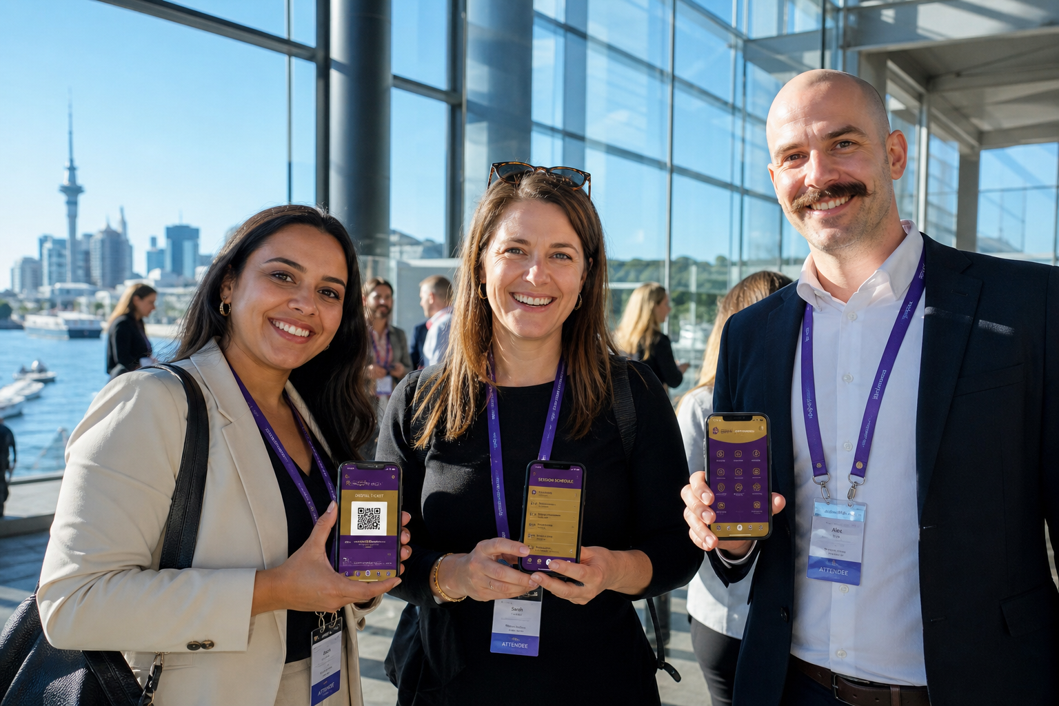 Bright Auckland waterfront conference foyer with attendees using an original event app to check tickets and schedules