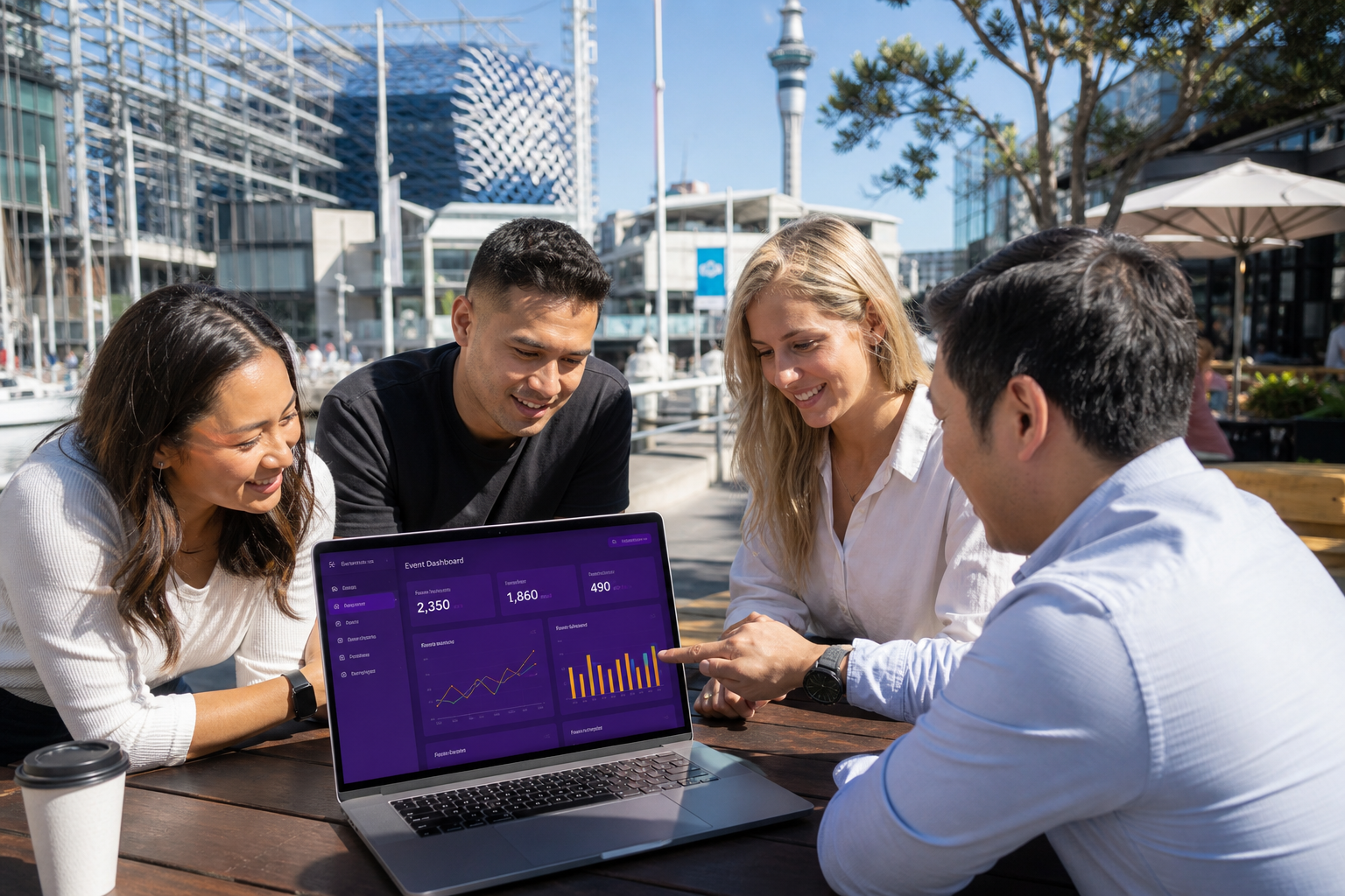 Bright Auckland waterfront plaza team reviewing an original event dashboard with registrations and sessions