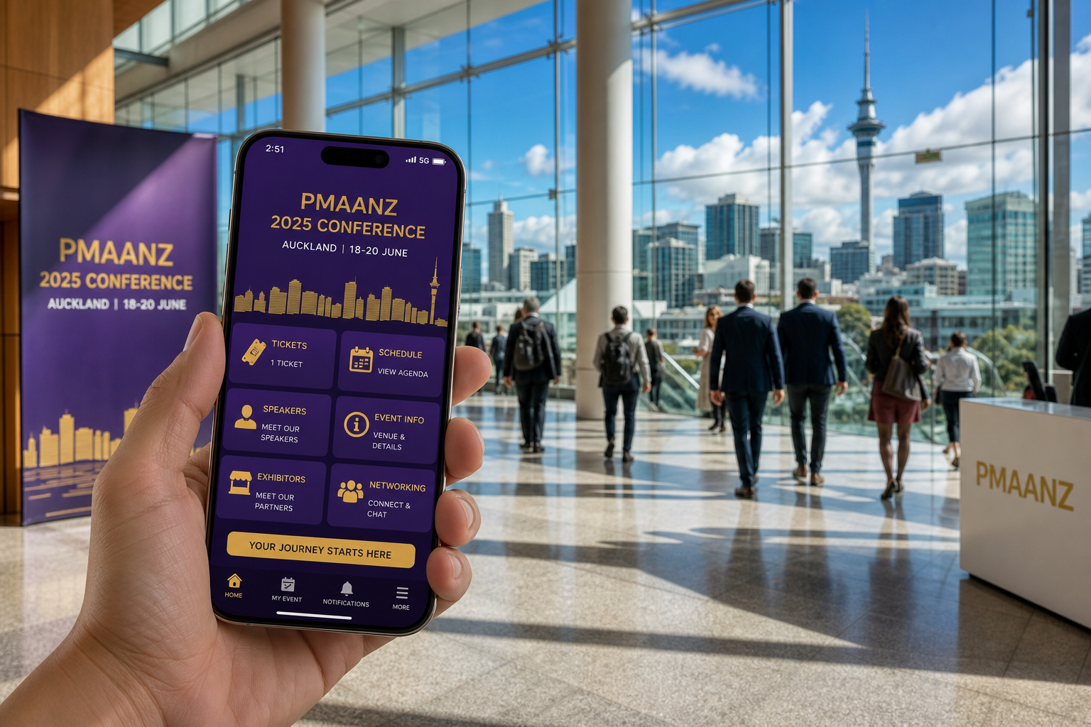 Sunny Auckland conference lobby with a phone showing original event tickets and schedule