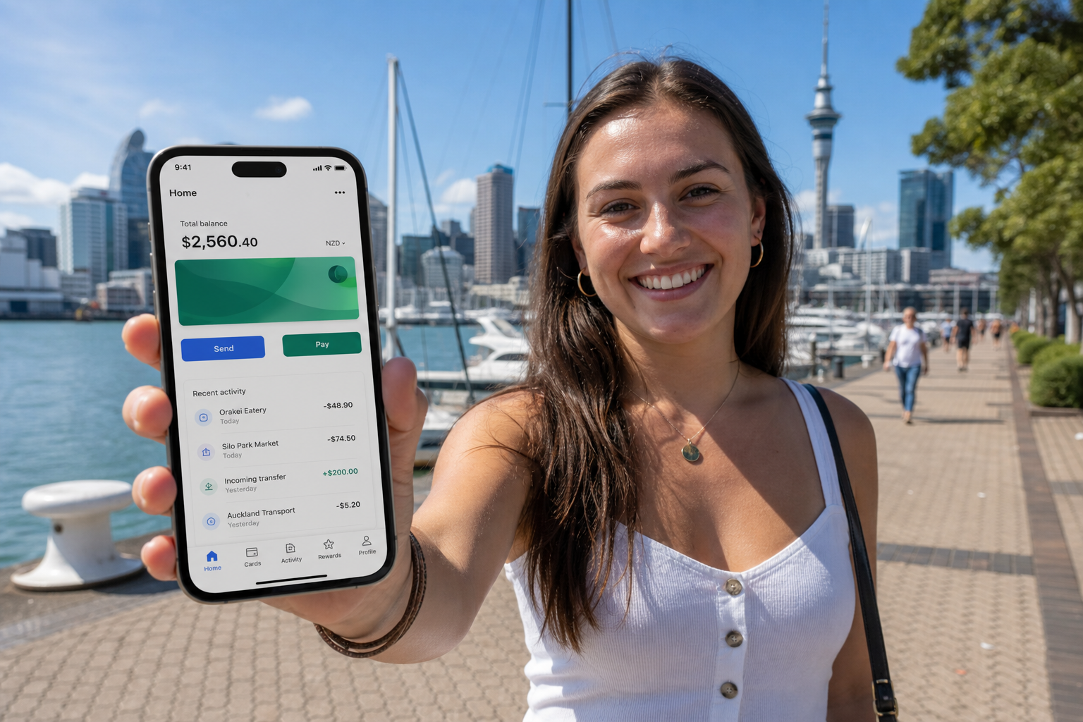 Sunny Auckland waterfront with a smartphone showing an original digital wallet