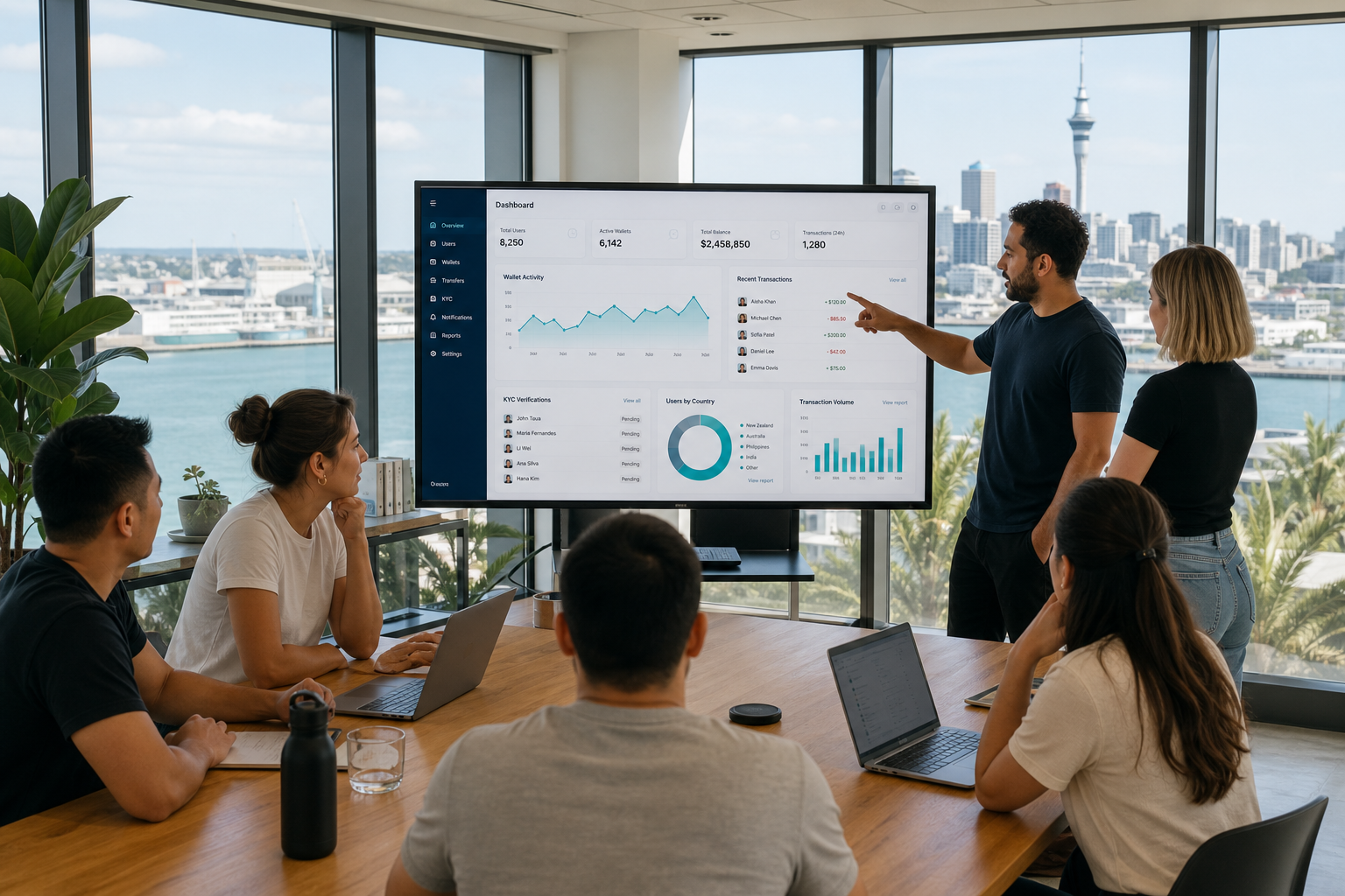 Bright Auckland studio team reviewing a digital wallet and payments dashboard