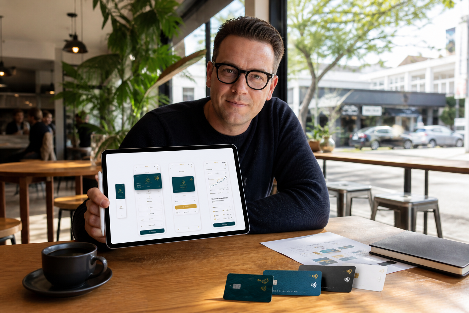 Sunny Auckland cafe with a founder reviewing an original fintech product sketch on a tablet