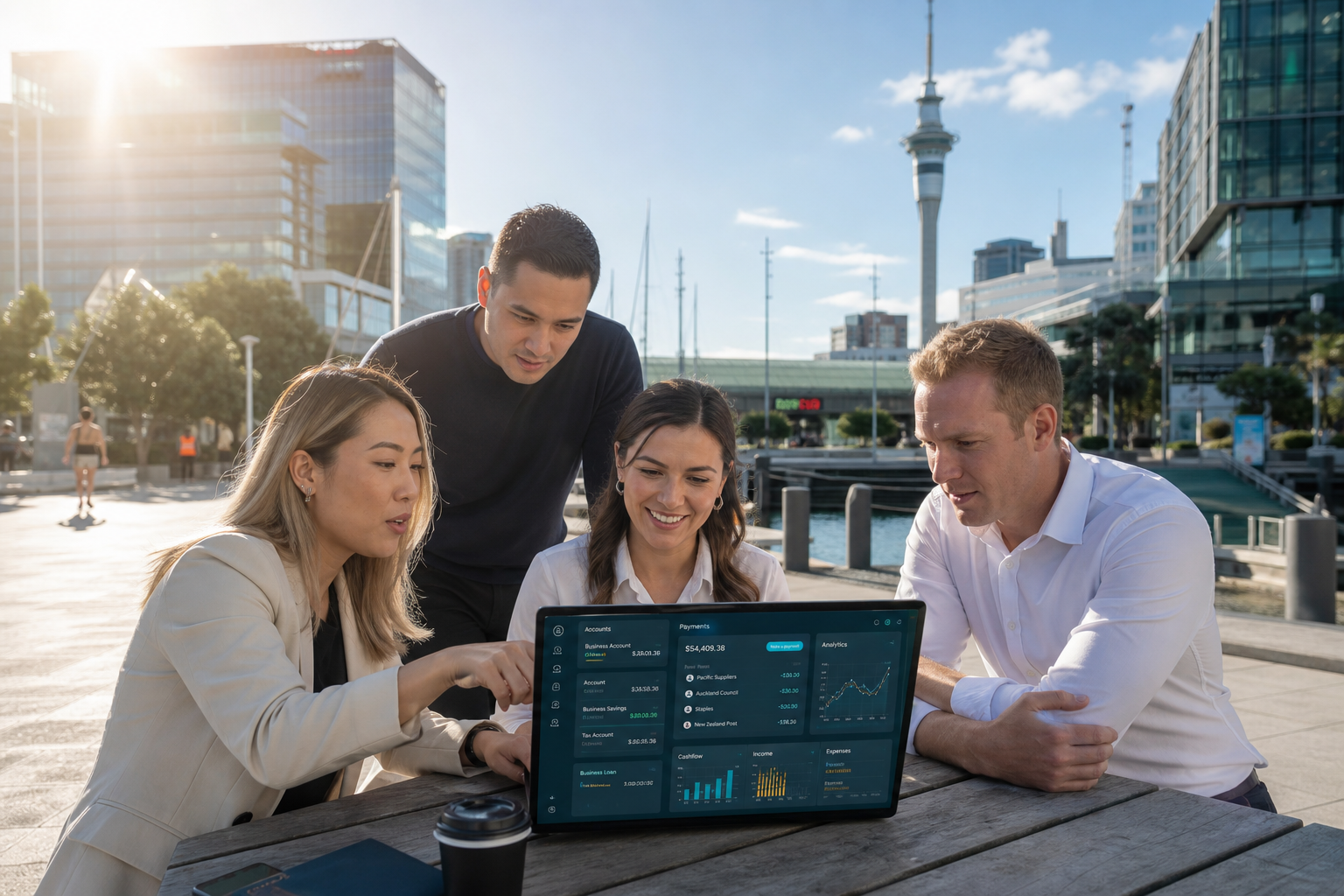 Bright Auckland waterfront plaza team reviewing an original fintech dashboard on a sunny day