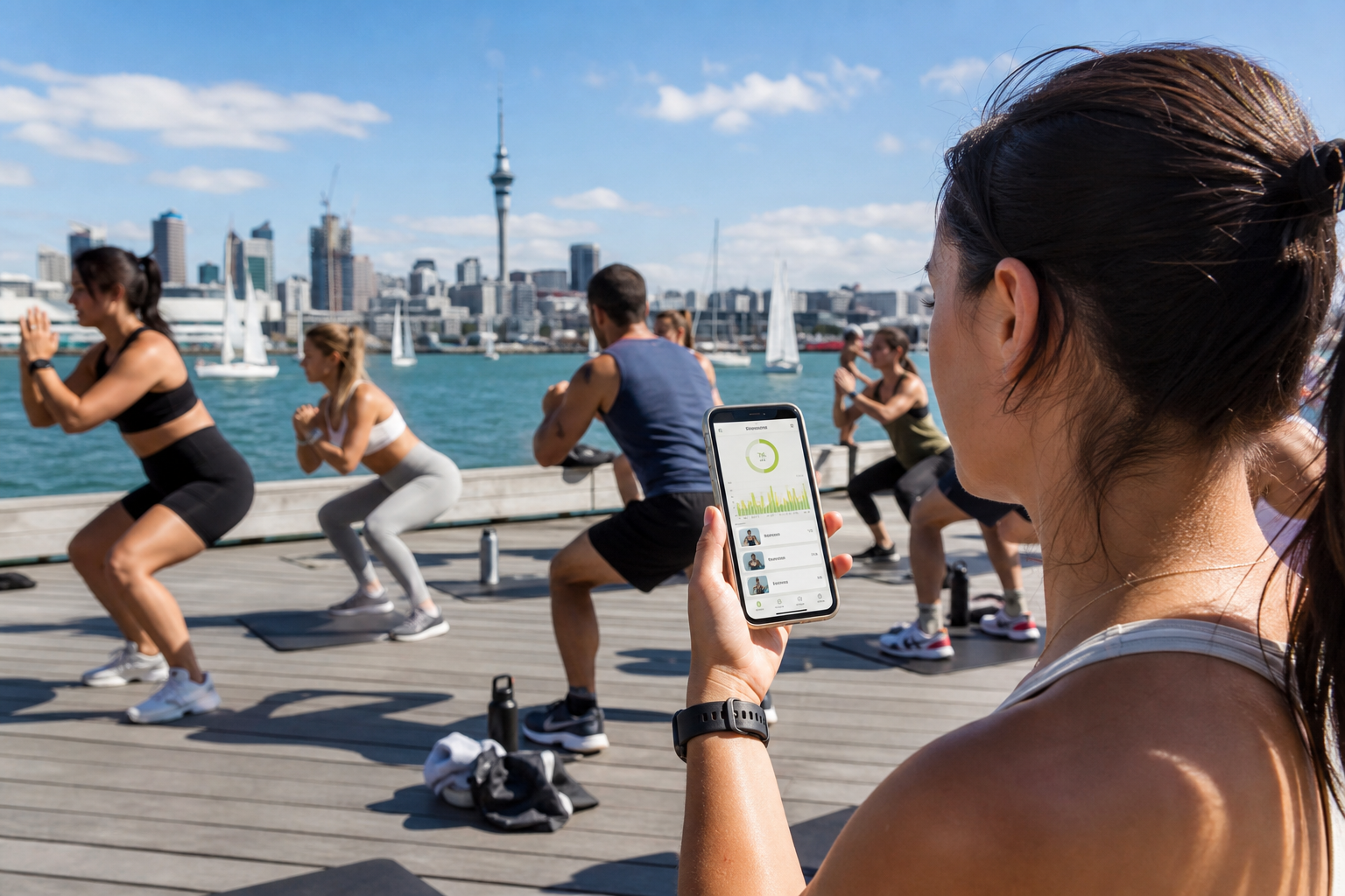 Bright Auckland waterfront gym class using an original fitness app on a phone