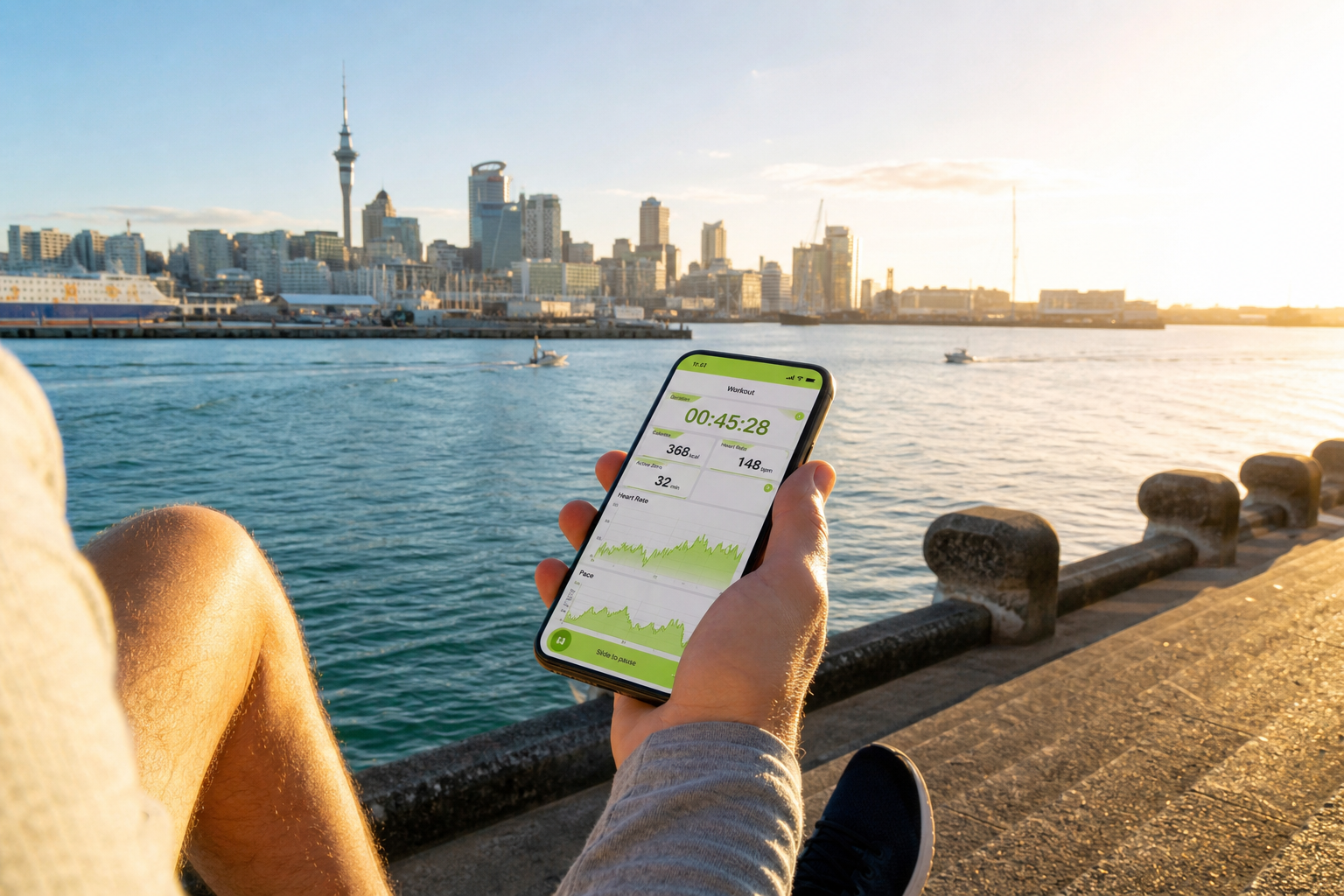 Sunny Auckland waterfront with a smartphone showing an original workout tracking app