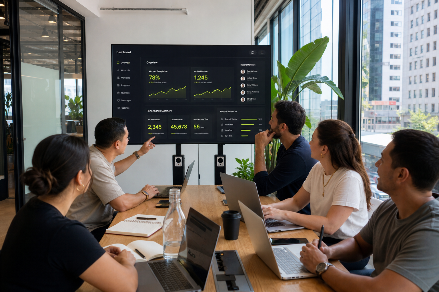 Bright Auckland studio team reviewing an original fitness dashboard with workouts and members