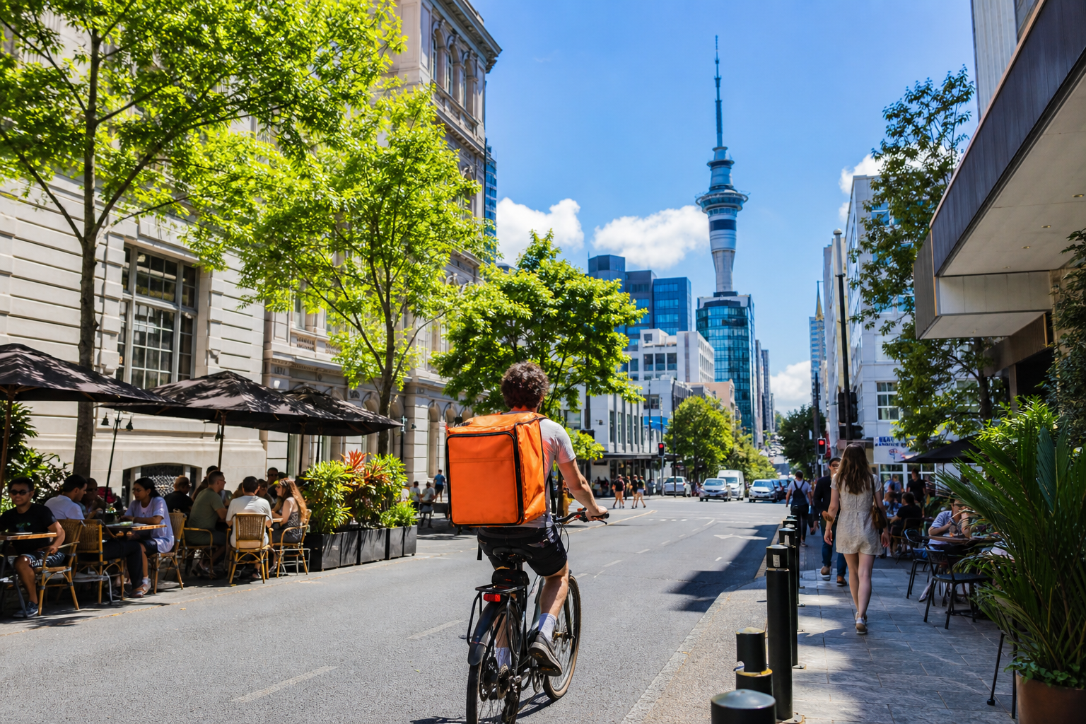 Bright Auckland street scene with a food delivery courier and restaurant takeaway bags near the Sky Tower