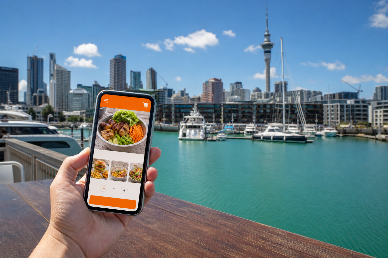 Sunny Auckland waterfront with a food delivery app concept on a phone in the foreground