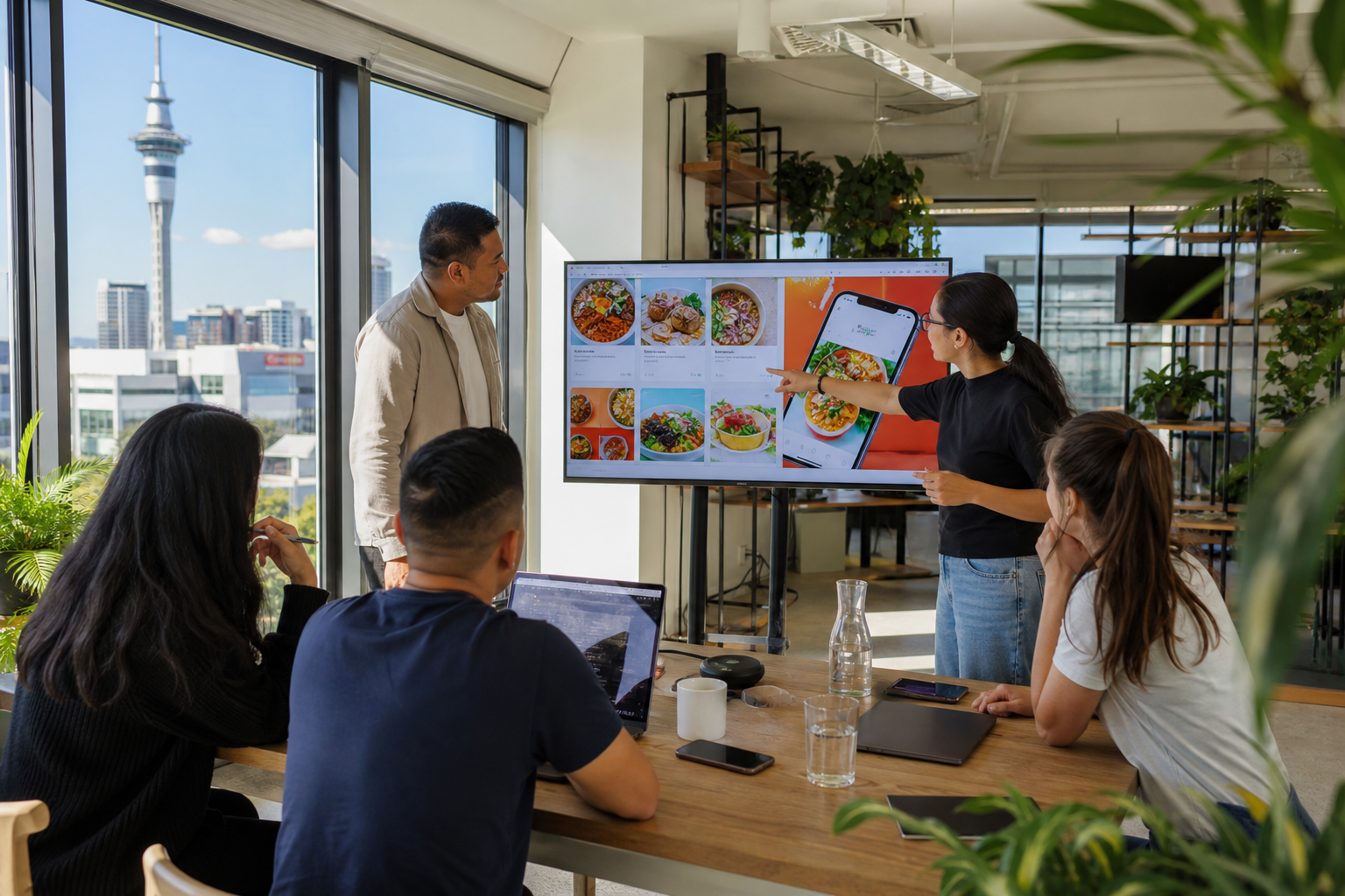 Bright Auckland product studio with a team reviewing a food delivery app on a large screen